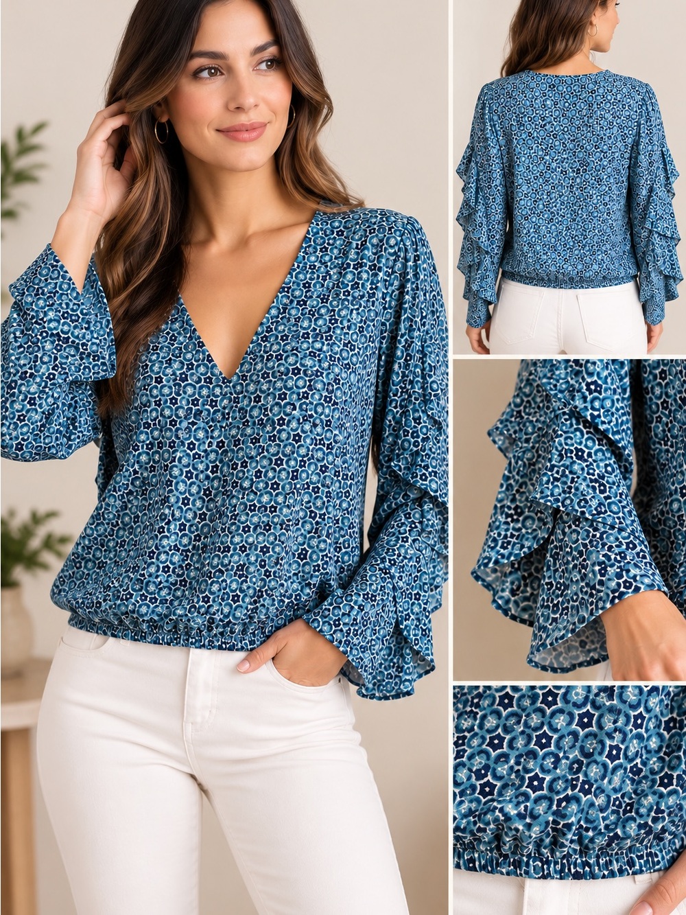 Max Studio Blue Floral-Pattern V-Neck Blouse
